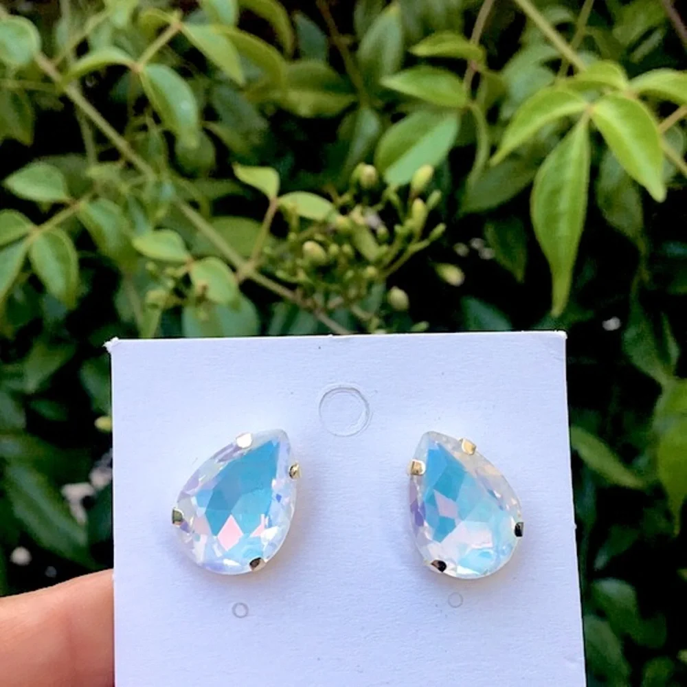 White Iridescent Opal AB Pear Crystal Earrings